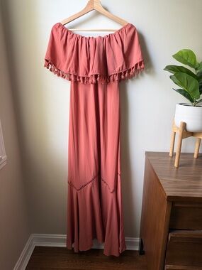 Boohoo Rust Off-Shoulder Tassel Maxi Dress